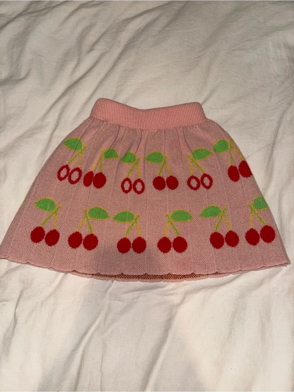 Girls Pink Cherry Knit Skirt with Red Cherry Print